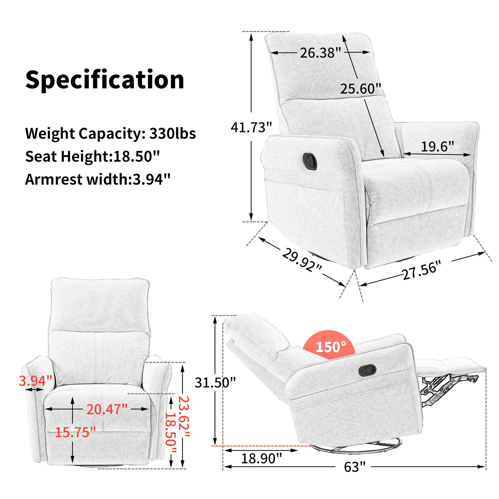 Diagram displaying the 360° Modern Small Rocking Swivel Recliner Chair With Side Pocket in light gray, showing height, width, seat height, full recline angle (150°), plus text listing a 330 lb weight capacity and other specifications.