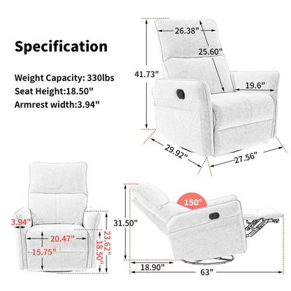 Diagram displaying the 360° Modern Small Rocking Swivel Recliner Chair With Side Pocket in light gray, showing height, width, seat height, full recline angle (150°), plus text listing a 330 lb weight capacity and other specifications.