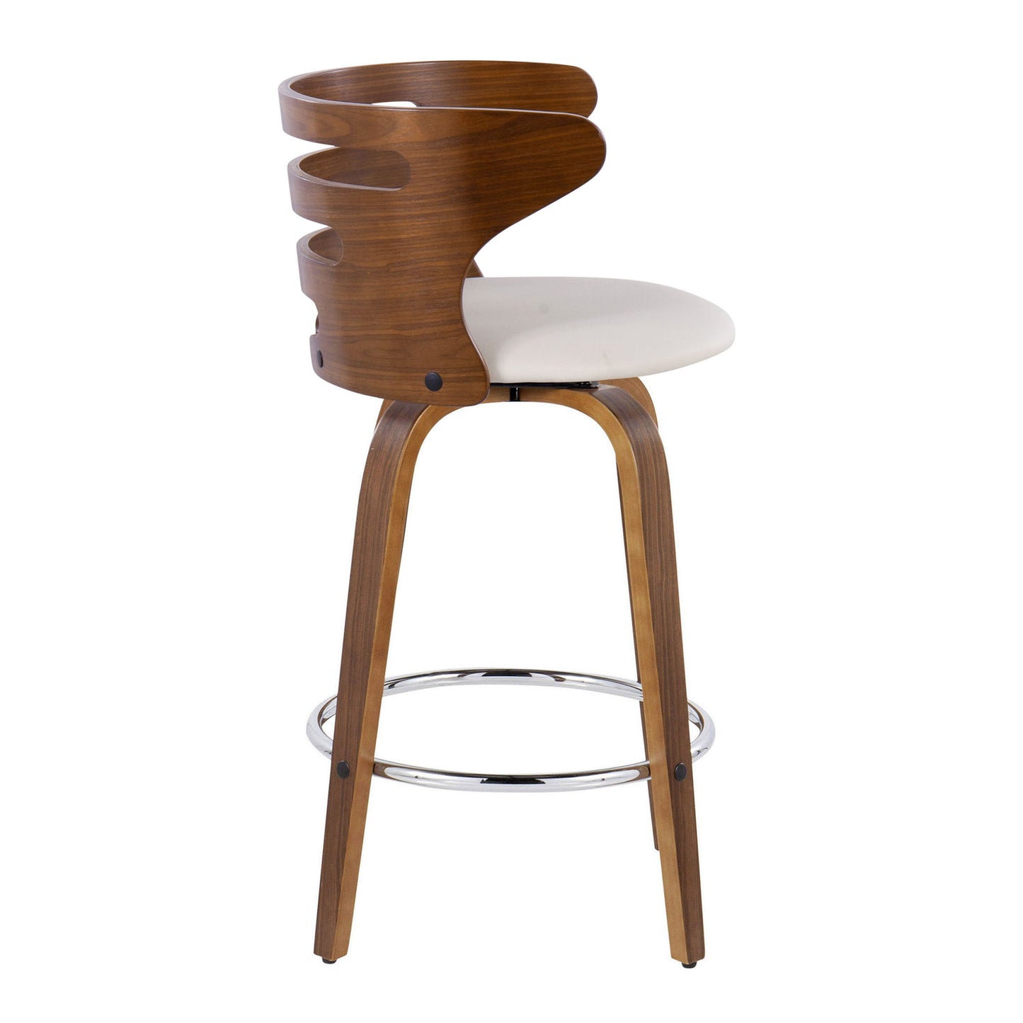The Cosini set includes two mid-century modern fixed height barstools with a curved backrest featuring cut-out details, white cushioned seats, a round chrome footrest, and four angled legs for a sleek, contemporary look.