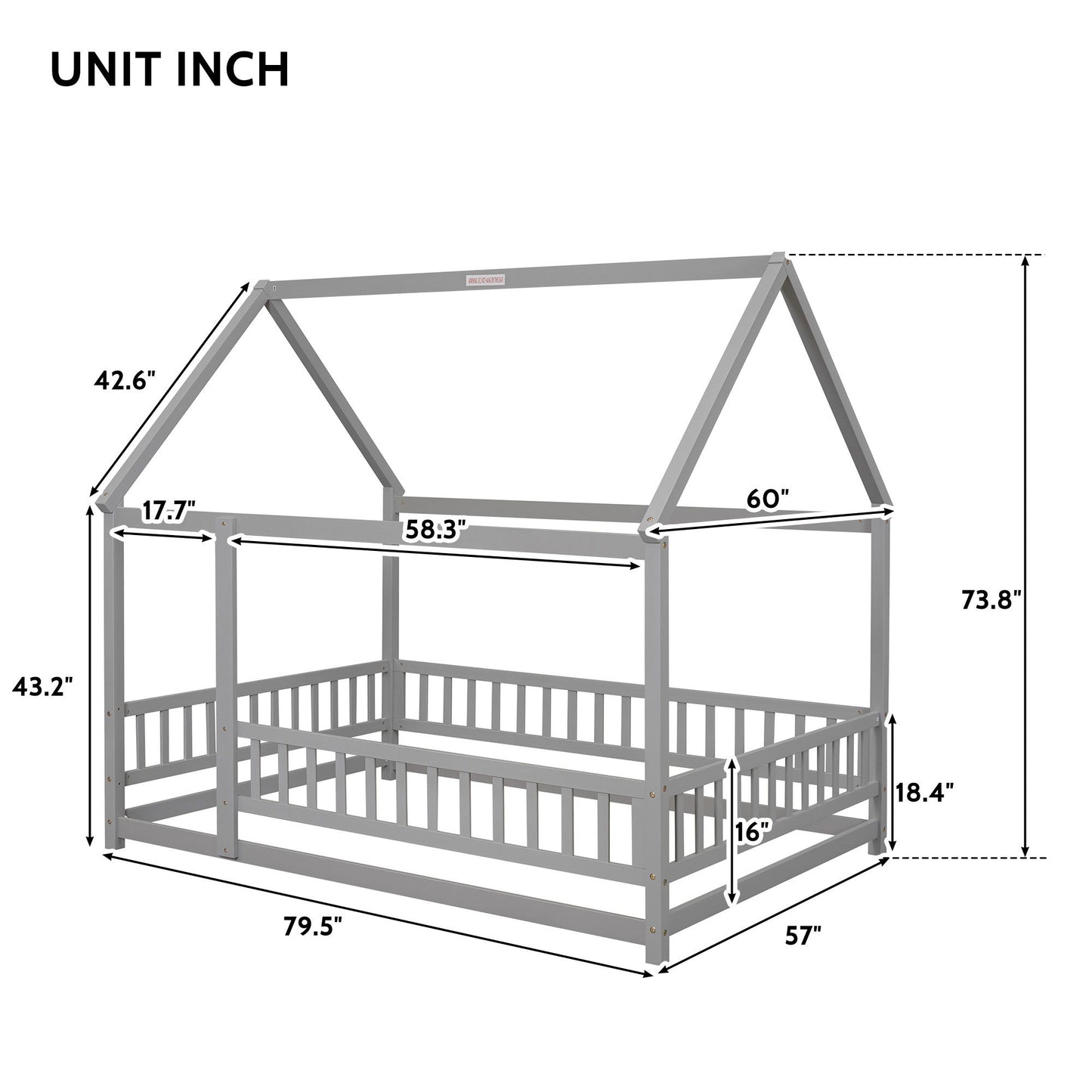 Floor Wooden Bed with House Roof Frame and Fence Guardrails in gray, shown with detailed measurements: 79.5" long, 58.3" wide, 73.8" tall, plus other labeled dimensions; "UNIT INCH" at top left.