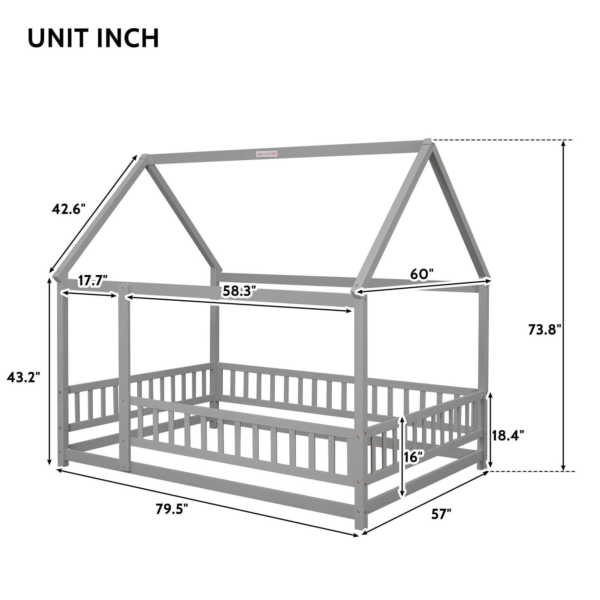 Floor Wooden Bed with House Roof Frame and Fence Guardrails in gray, shown with detailed measurements: 79.5" long, 58.3" wide, 73.8" tall, plus other labeled dimensions; "UNIT INCH" at top left.