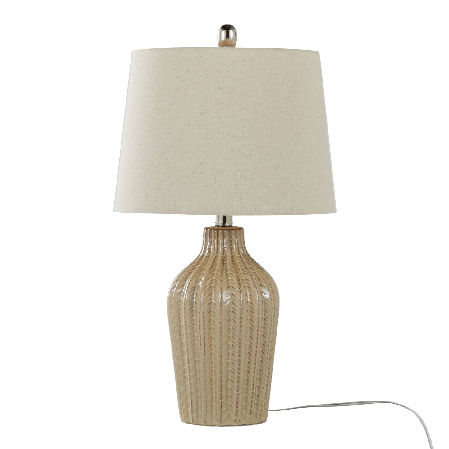 The Rockwell - Contemporary Table Lamp (Set of 2) features a beige textured ceramic base with a leaf-like pattern, a plain light fabric shade, and a white power cord extending from the base.