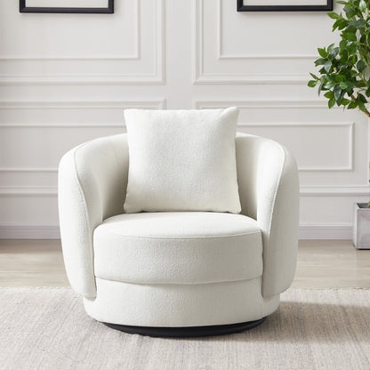 The Dylan Boucle Lounge Chair in modern white, featuring a matching square pillow, sits on a light rug beside a potted plant in a room with white paneled walls.