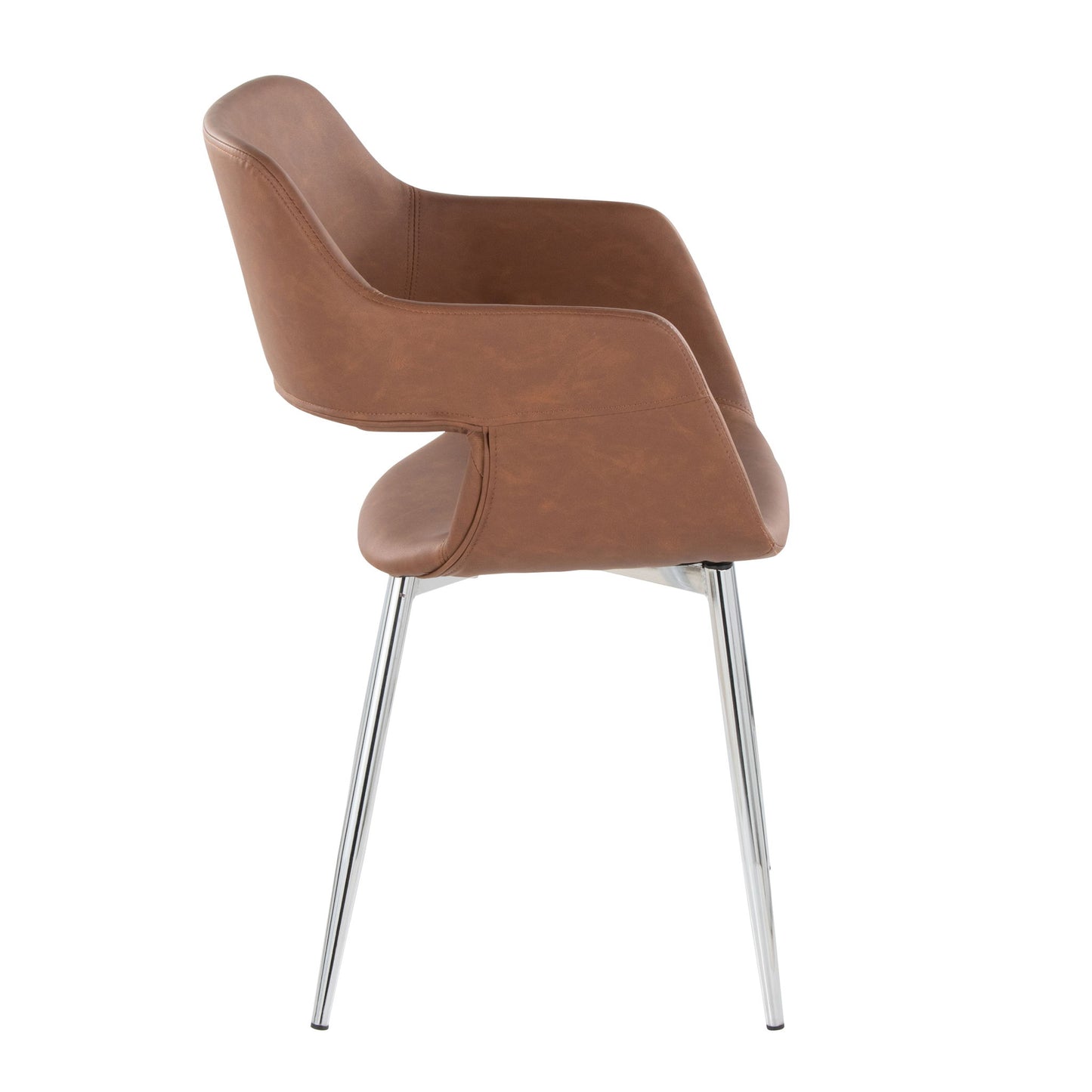Side view of the Margarite - Contemporary Dining Chair (Set of 2), featuring a modern curved back and armrests, leather-like upholstery, and four shiny metal legs.