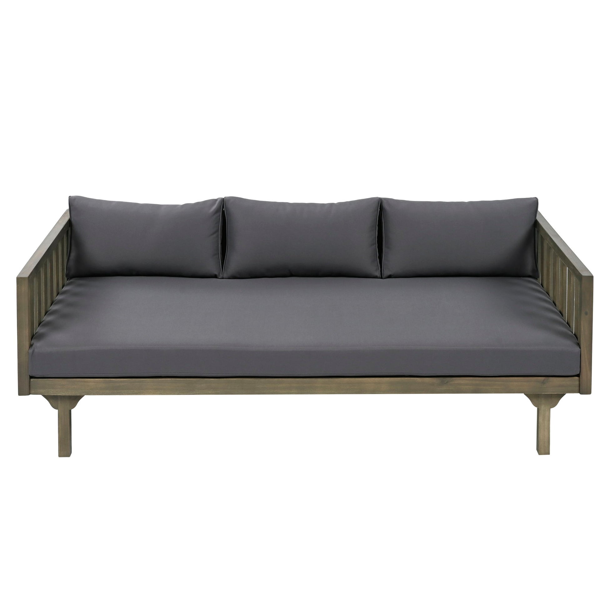 The Claremont 3 Seater Daybed, made of teak acacia wood and featuring water-resistant dark gray seat and three back cushions, has a wooden frame with simple straight lines, shown from the front against a white background.