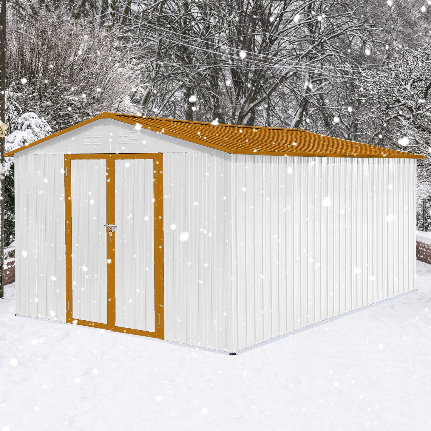 A 10' x 12' Garden Shed with a white exterior and brown roof and trim stands outdoors in a snowy yard, surrounded by snow-covered trees and falling snow.