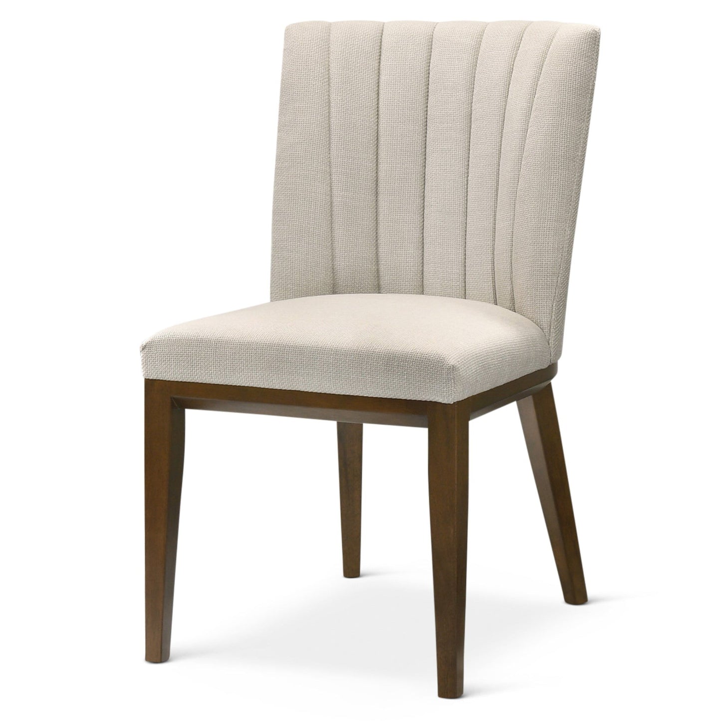 The Elmwood - Stylish Dining Chair (Set of 2) features a light beige upholstered seat and backrest with vertical stitching, supported by four angled dark brown wooden legs for a modern dining look.