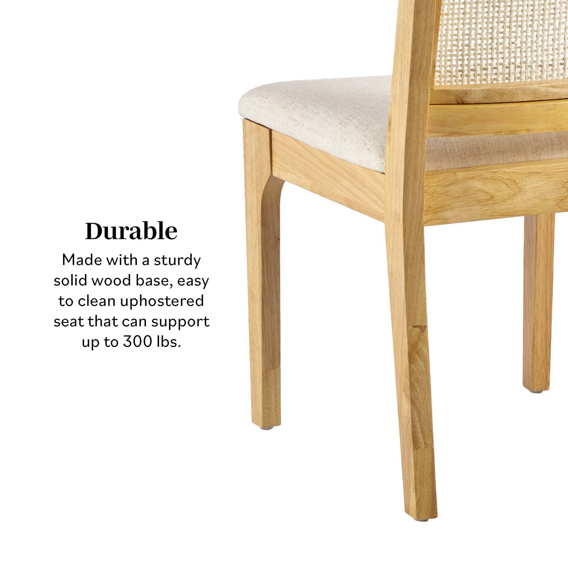 The Modern Solid Wood Dining Chair With Rattan Inset Back (Set of 2) features a sturdy wood base, beige easy-to-clean upholstered seat, woven rattan backrest, and supports up to 300 lbs. Shown in partial side view.