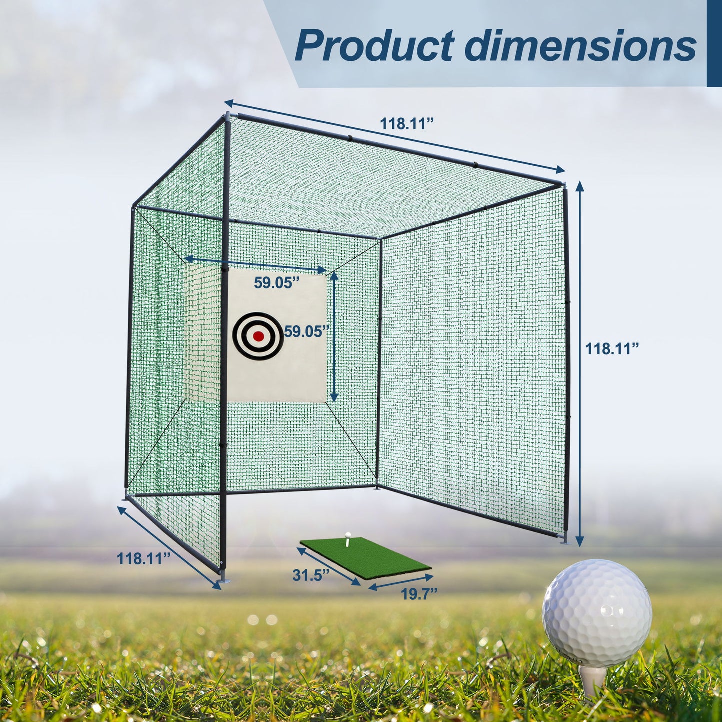 The Golf Practice Net Cage With Metal Frame Hitting Net Kit Indoor Outdoor - Black features a 118.11" cubic frame, a 59.05" square target, and a 31.5"x19.7" artificial turf mat; a golf ball is on grass in the foreground.