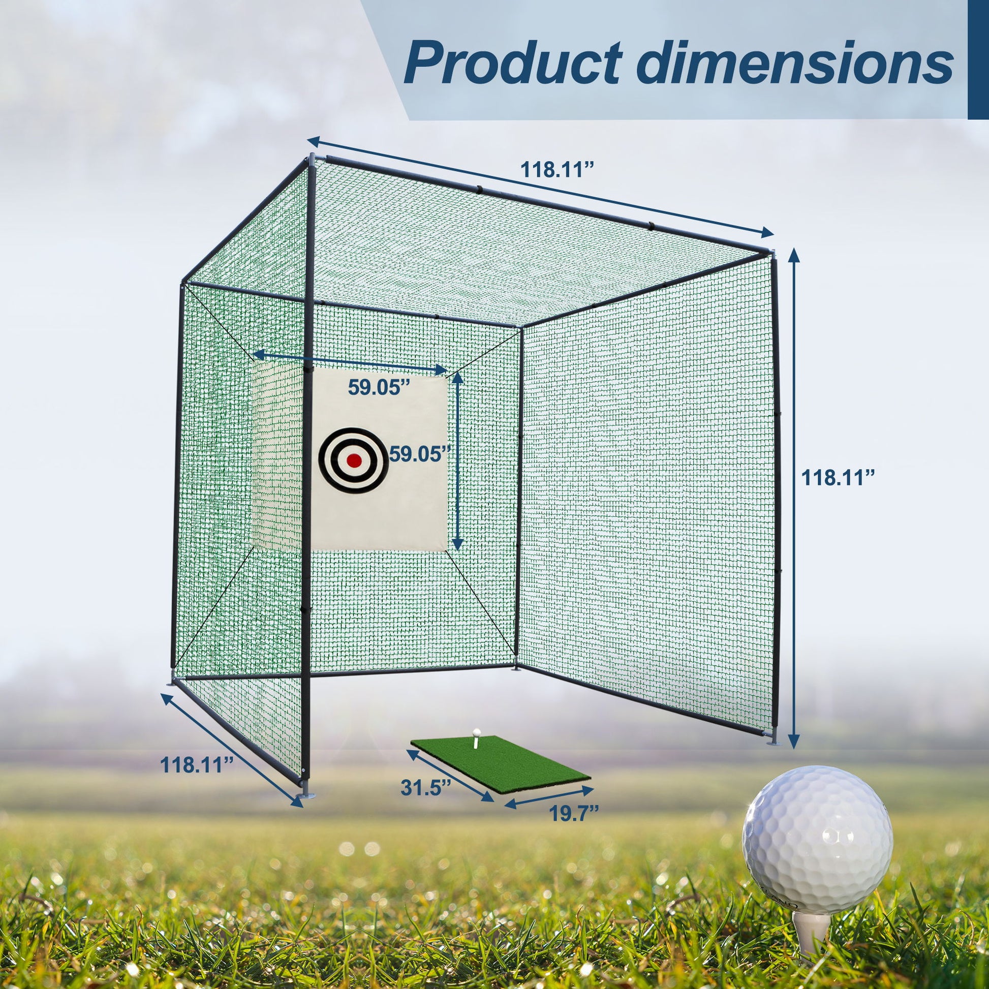The Golf Practice Net Cage With Metal Frame Hitting Net Kit Indoor Outdoor - Black features a 118.11" cubic frame, a 59.05" square target, and a 31.5"x19.7" artificial turf mat; a golf ball is on grass in the foreground.