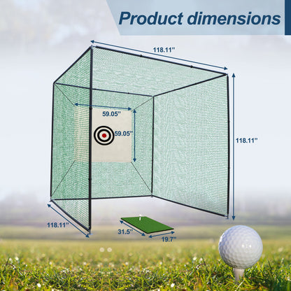 The Golf Practice Net Cage With Metal Frame Hitting Net Kit Indoor Outdoor - Black features a 118.11" cubic frame, a 59.05" square target, and a 31.5"x19.7" artificial turf mat; a golf ball is on grass in the foreground.