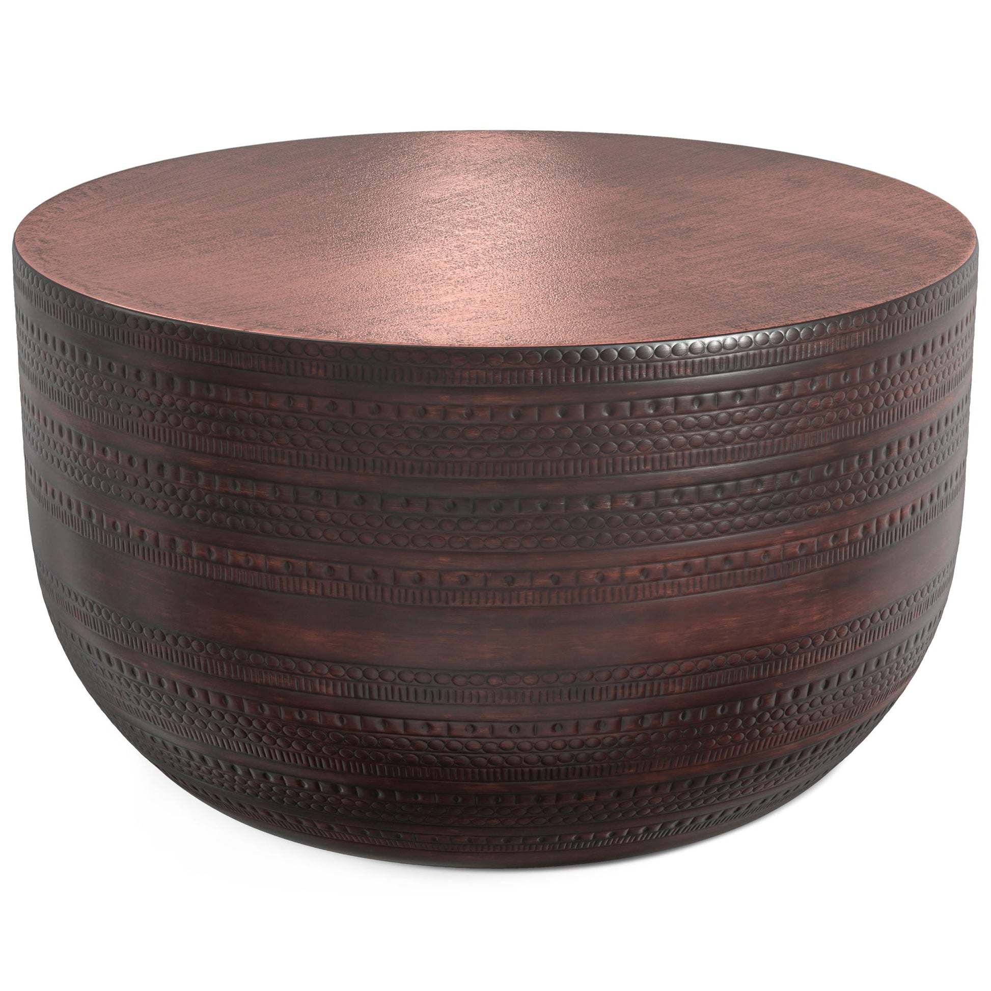 The Johnsen - Handcrafted Metal Coffee Table features a round, dark brown design with a flat top and engraved textured patterns around the sides.