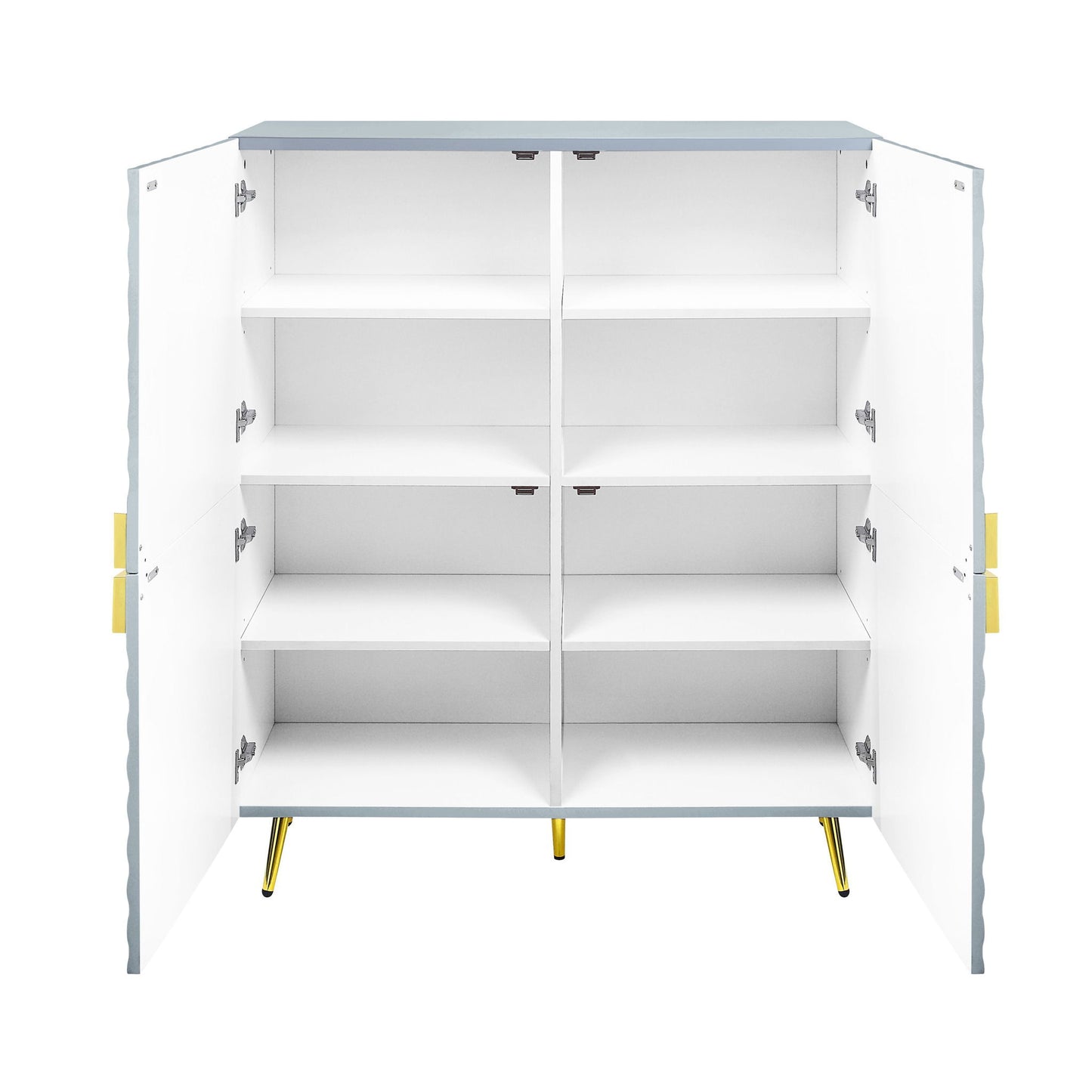 The Gaines High Gloss Accent Cabinet features gold handles and legs, a light blue top with scalloped edges, and two open white doors revealing four shelves inside.