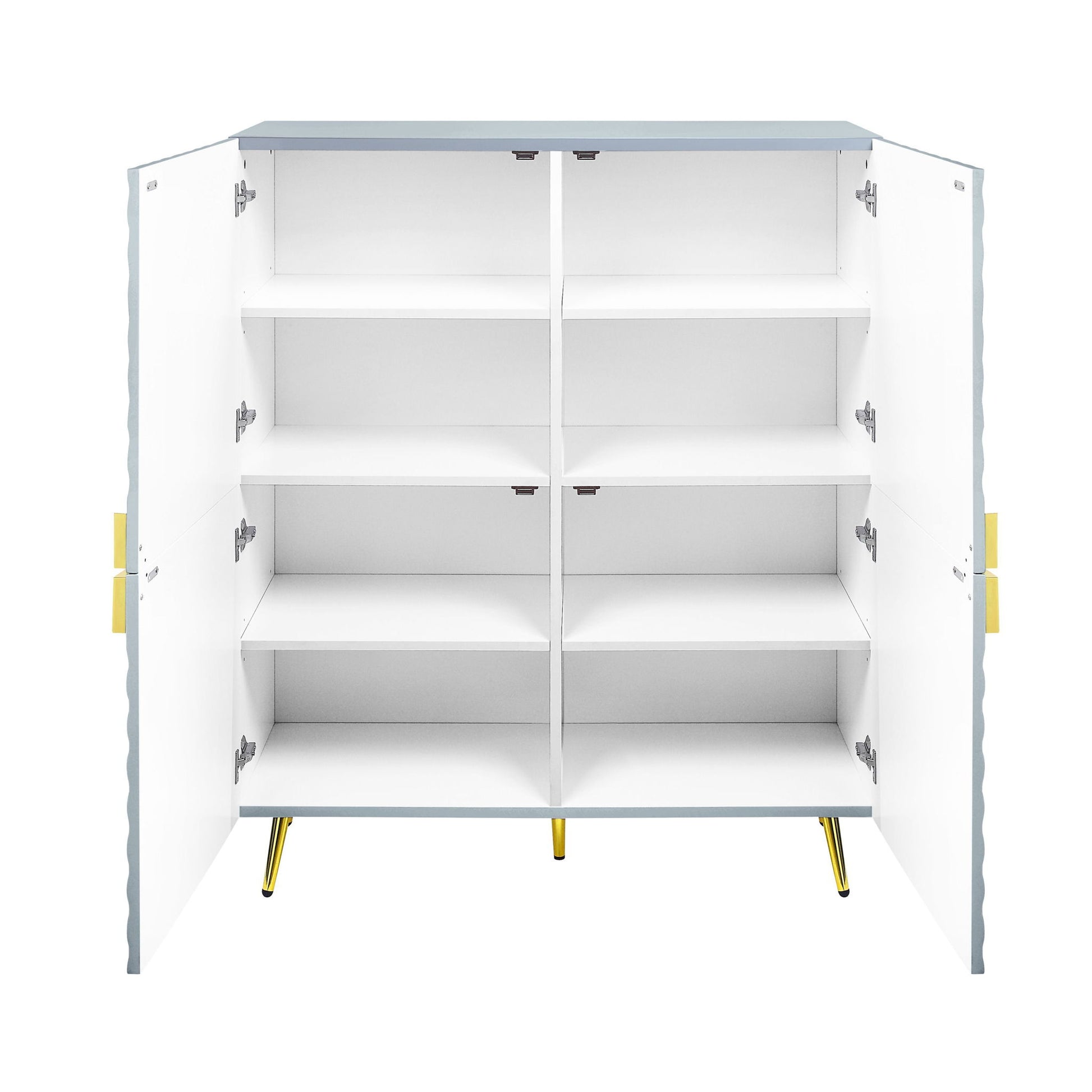 The Gaines High Gloss Accent Cabinet features gold handles and legs, a light blue top with scalloped edges, and two open white doors revealing four shelves inside.
