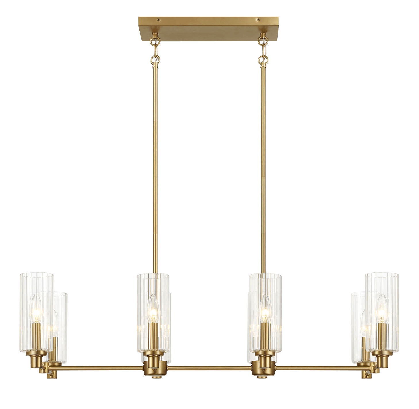 A gold, rectangular chandelier named "Willow" features eight upward-facing clear ribbed glass-shaded lights in an antique brass finish, hanging from two parallel rods attached to a ceiling mount against a plain white background.