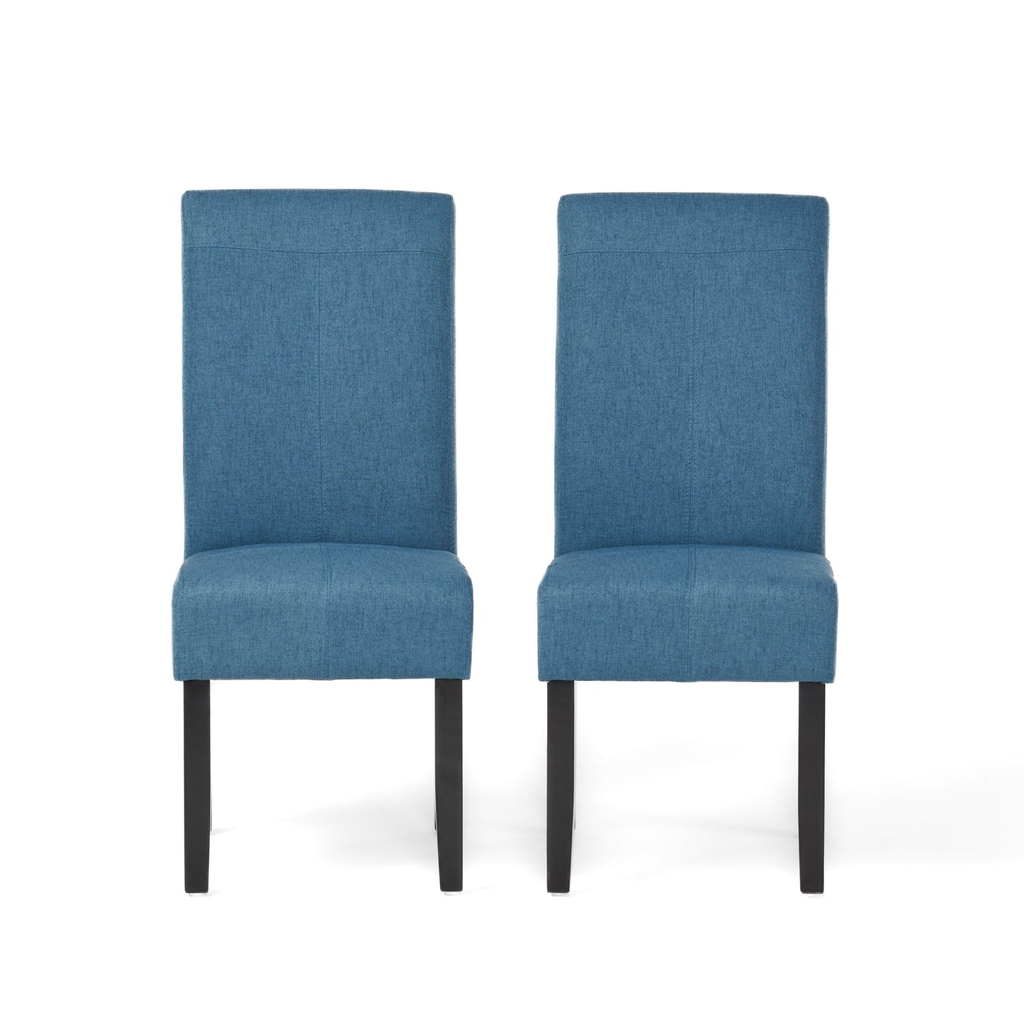 The Pertica Dining Upholstered Armless Chairs (Set of 2) feature straight backs, blue upholstery, and dark wooden legs, shown side by side against a plain white background.