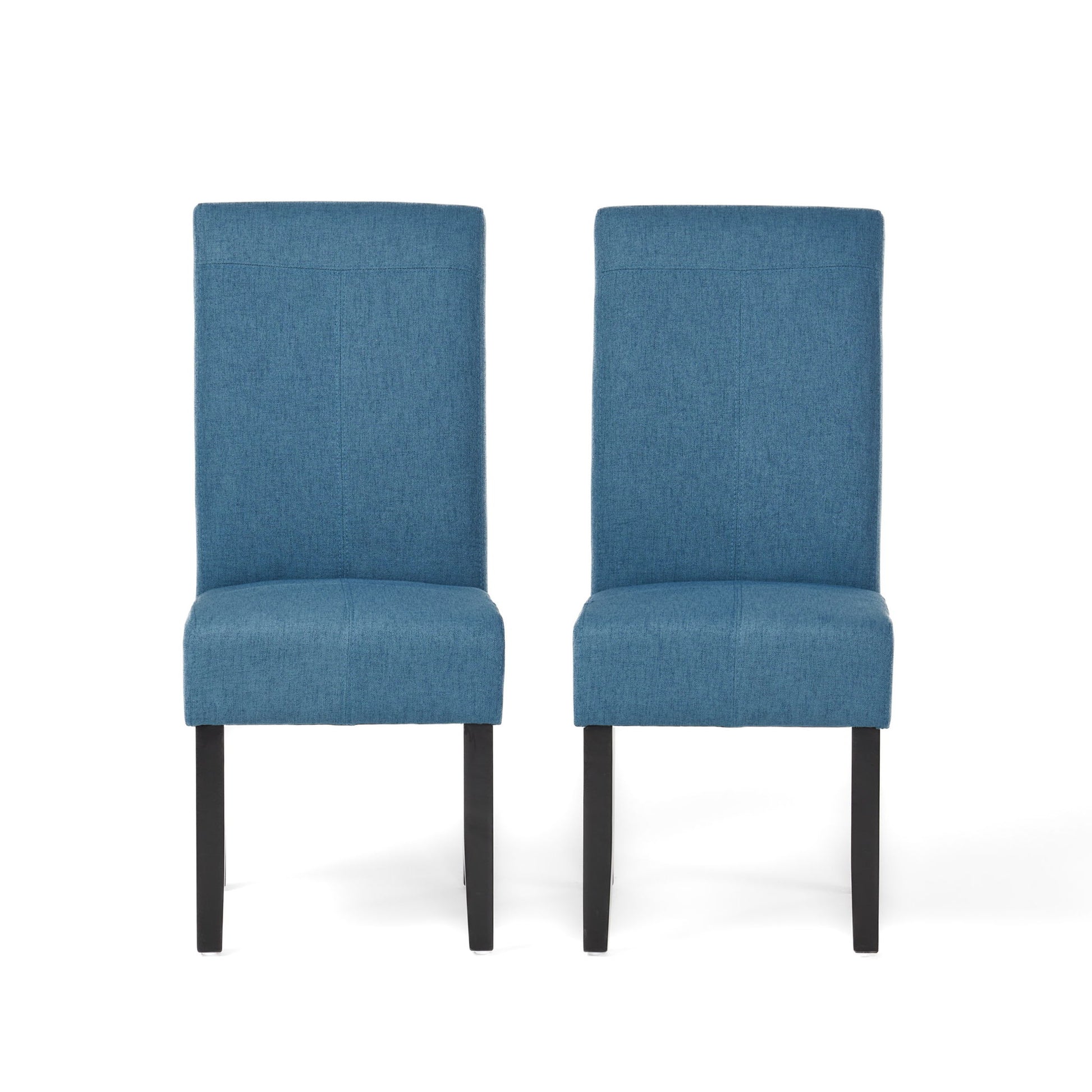 The Pertica Dining Upholstered Armless Chairs (Set of 2) feature straight backs, blue upholstery, and dark wooden legs, shown side by side against a plain white background.