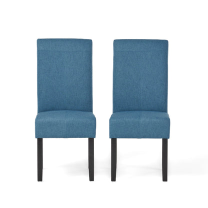 The Pertica Dining Upholstered Armless Chairs (Set of 2) feature straight backs, blue upholstery, and dark wooden legs, shown side by side against a plain white background.