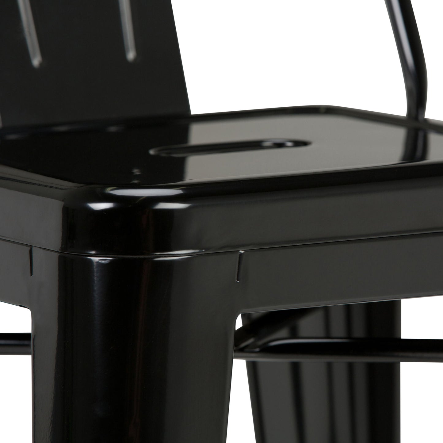 Close-up of the Rayne Multifunctional Metal Stool in black, highlighting its seat, partial backrest, and sturdy square legs with a simple industrial-style design.