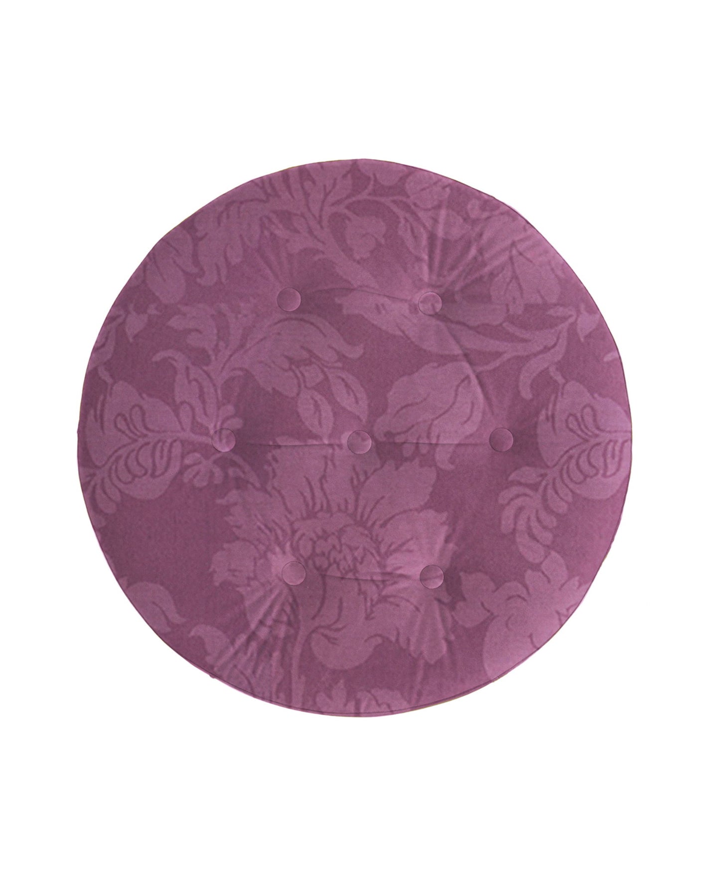 The Yolanda Luxurious Upholstery Round Upholstered Accent Ottoman features a subtle floral damask pattern in dusty rose or mauve, finished with six fabric-covered buttons for an elegant touch.