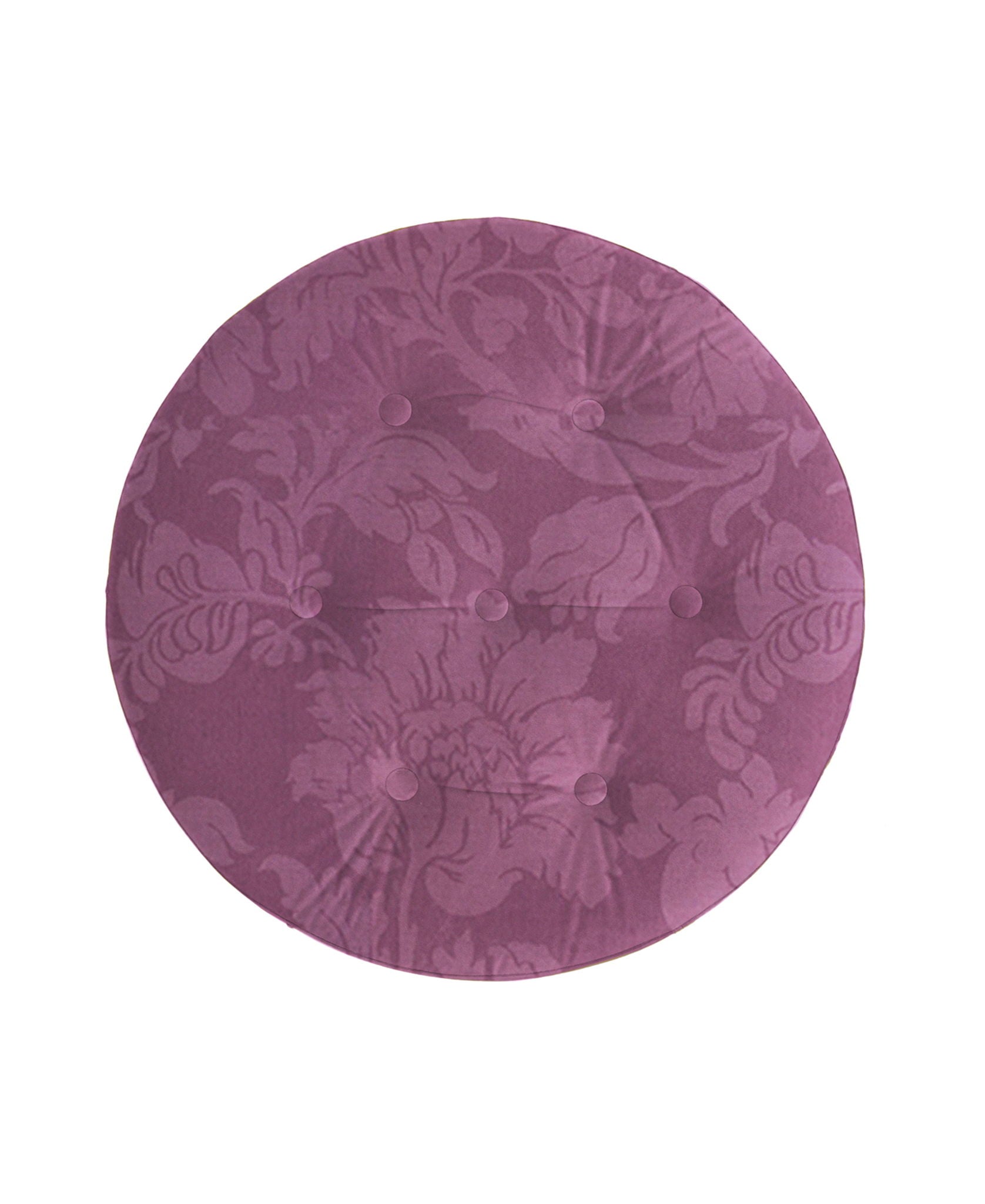 The Yolanda Luxurious Upholstery Round Upholstered Accent Ottoman features a subtle floral damask pattern in dusty rose or mauve, finished with six fabric-covered buttons for an elegant touch.