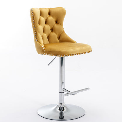 The Swivel Velvet Barstools feature a tufted mustard yellow seat, silver nailhead trim, chrome base and footrest. Adjustable height from 25-33", these modern upholstered bar stools with backs are perfect for your home pub or kitchen island (Set of 2).