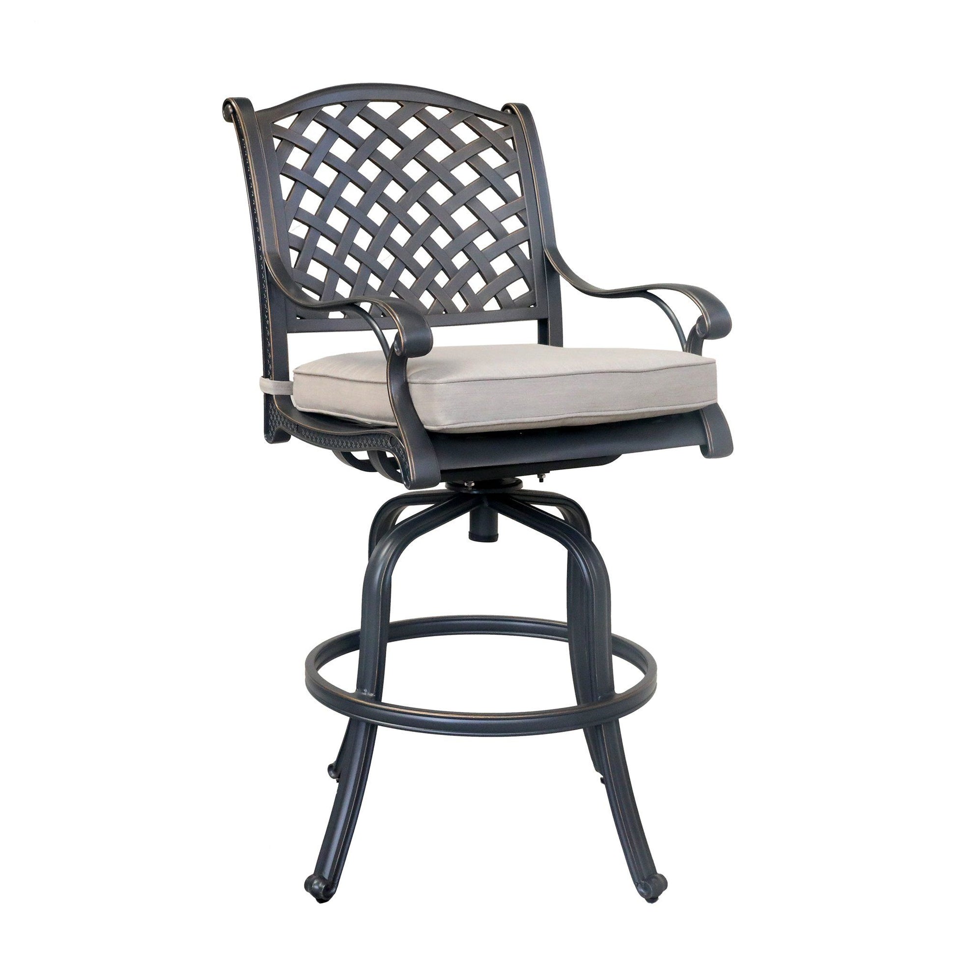 The Bar Stool (Set of 2) features a metal frame, lattice-patterned backrest, curved armrests, padded light gray seat cushion, circular footrest, and four slightly flared legs.
