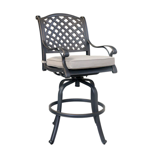 The Bar Stool (Set of 2) features a metal frame, lattice-patterned backrest, curved armrests, padded light gray seat cushion, circular footrest, and four slightly flared legs.