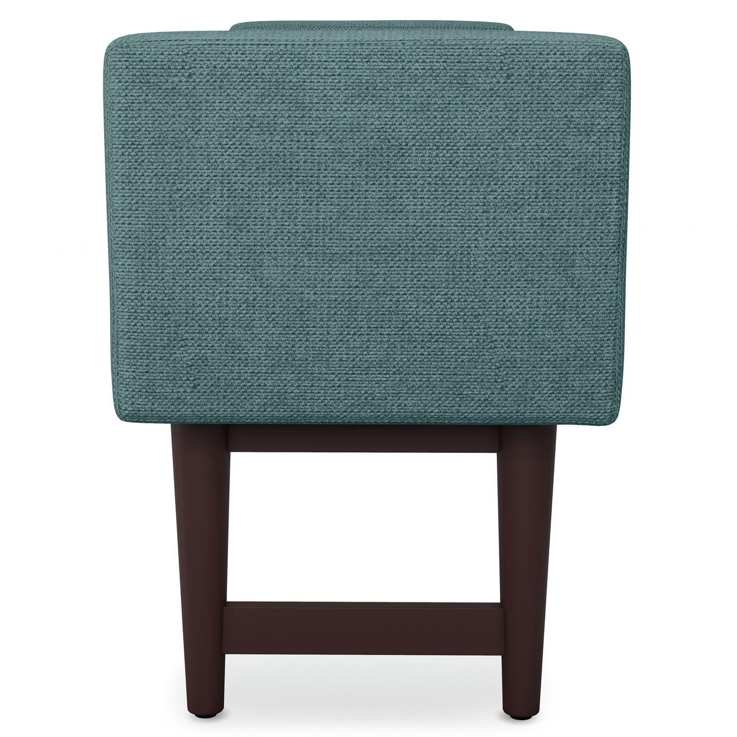 Back view of the Scott - Upholstered Ottoman Bench featuring teal fabric and dark wooden legs against a plain white background.