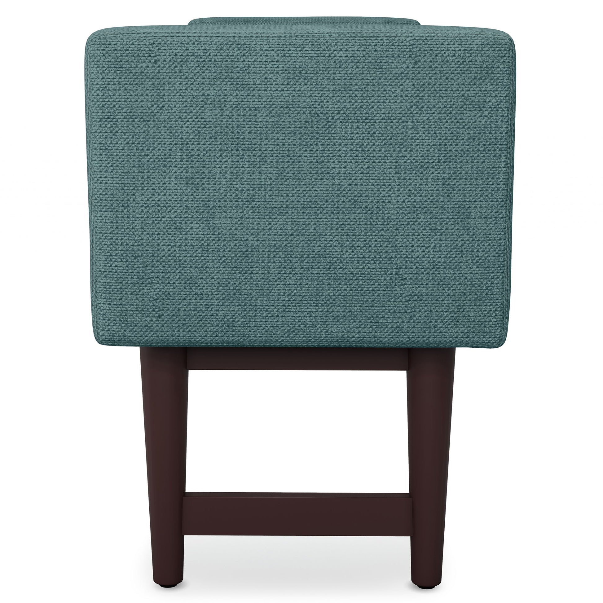 Back view of the Scott - Upholstered Ottoman Bench featuring teal fabric and dark wooden legs against a plain white background.