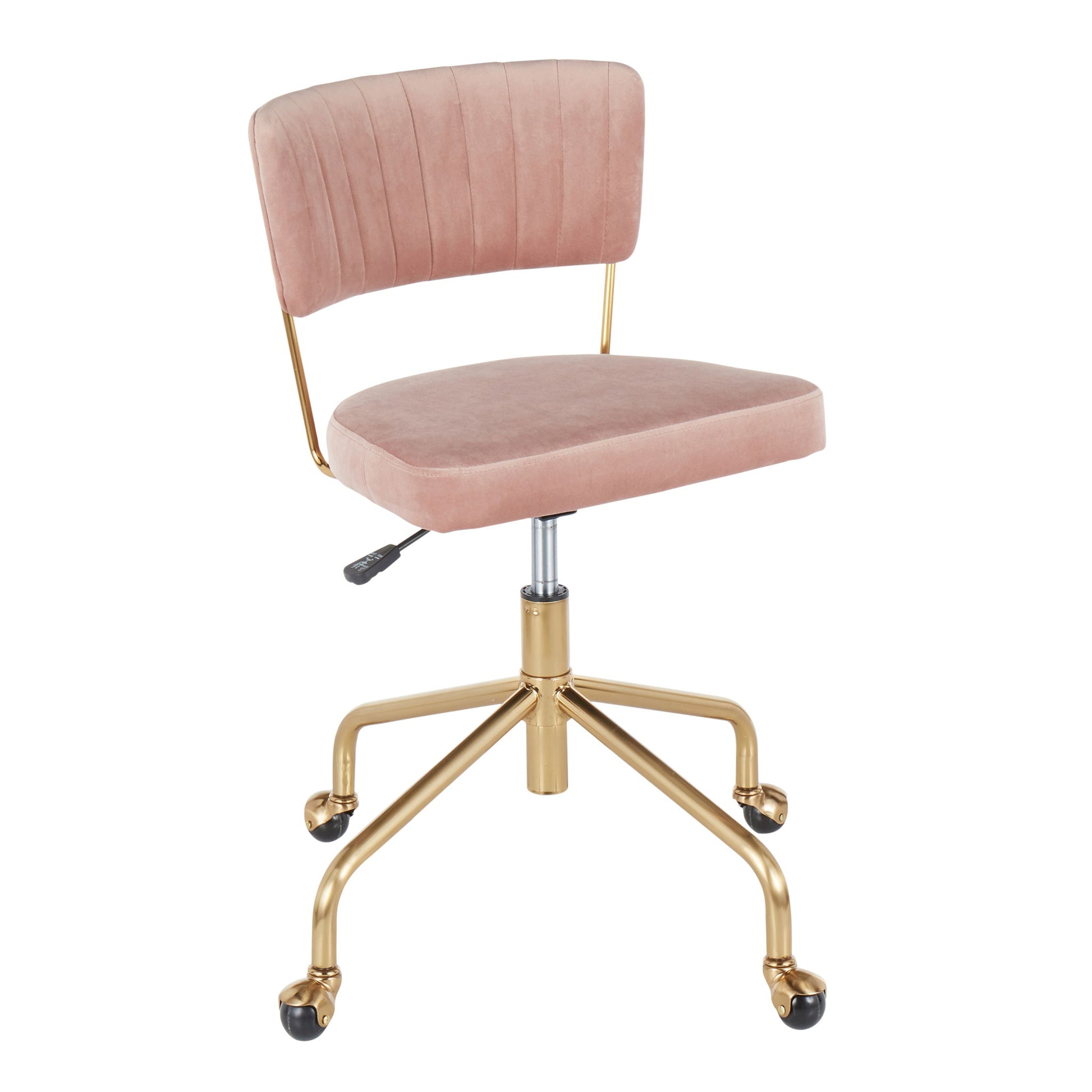 The Tania - Contemporary Task Chair features blush pink upholstery, a curved backrest with vertical stitching, and a gold metal base with five caster wheels.