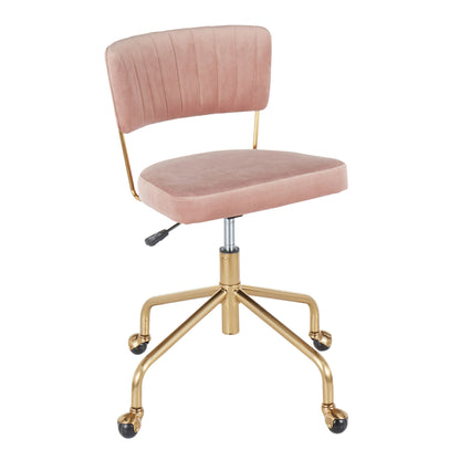 The Tania - Contemporary Task Chair features blush pink upholstery, a curved backrest with vertical stitching, and a gold metal base with five caster wheels.