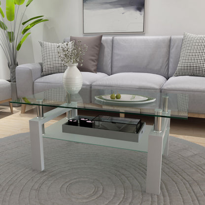 A modern living room with a Rectangle Coffee Table, Modern Side Center Tables For Furniture, holding a white vase with flowers and a decorative plate, placed before a light gray sofa with plaid pillows on a round patterned gray rug.