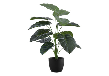 A 24" tall potted artificial Alocasia plant with large, dark green real-touch leaves and tall stems in a simple black pot, perfect for indoor decorative use.