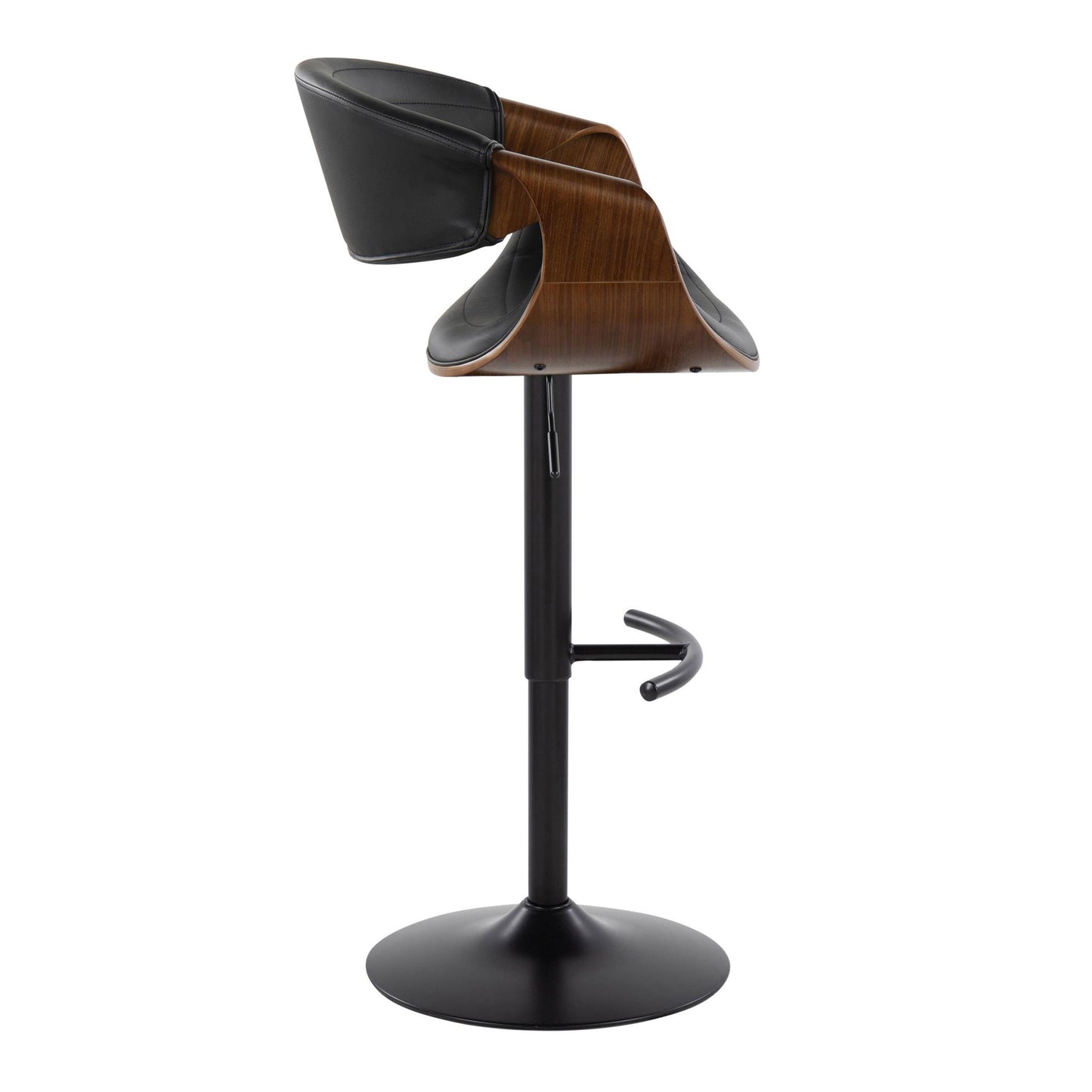 The image shows a side view of the Symphony Mid-Century Modern Adjustable Barstool (Set of 2) in Black/Walnut/Black, featuring a round black base, black stem, rounded T footrest, and a curved wood-finish seat with black cushioning.