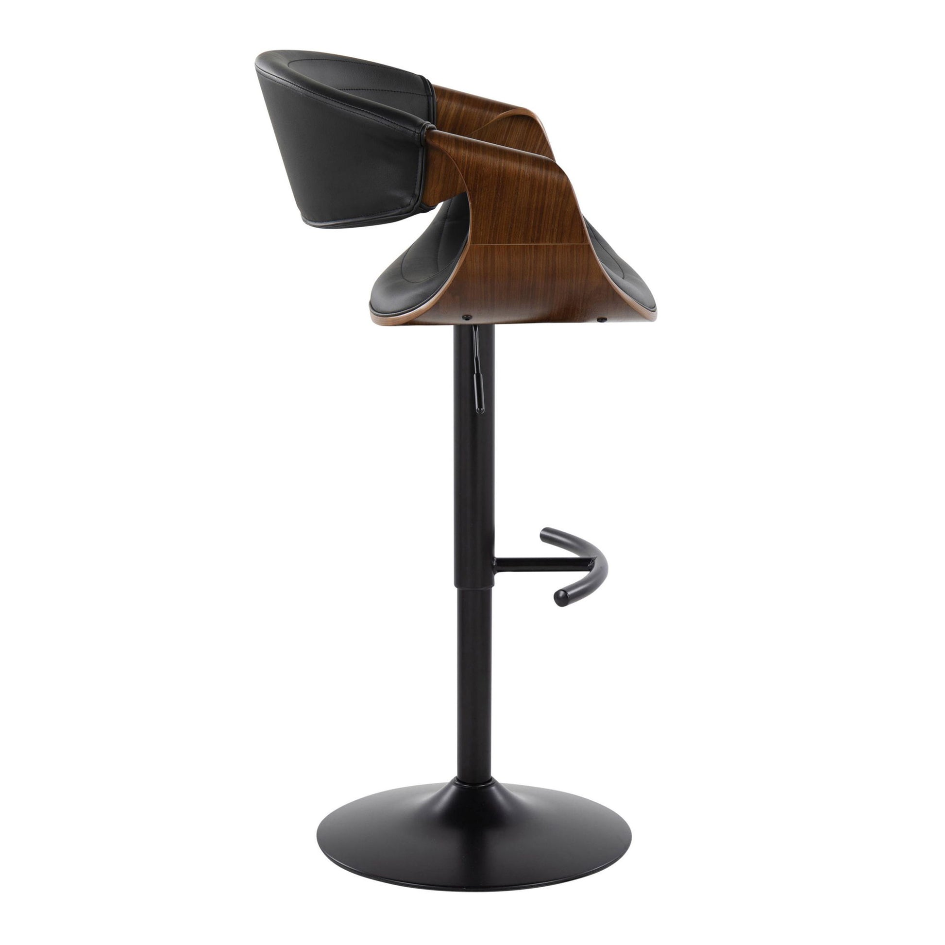 The image shows a side view of the Symphony Mid-Century Modern Adjustable Barstool (Set of 2) in Black/Walnut/Black, featuring a round black base, black stem, rounded T footrest, and a curved wood-finish seat with black cushioning.