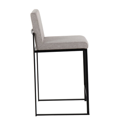 A side view of the Fuji - Contemporary Modern Elegance High Back Counter Stool, featuring a light gray cushioned seat and backrest with a sleek black metal frame and minimalist design.