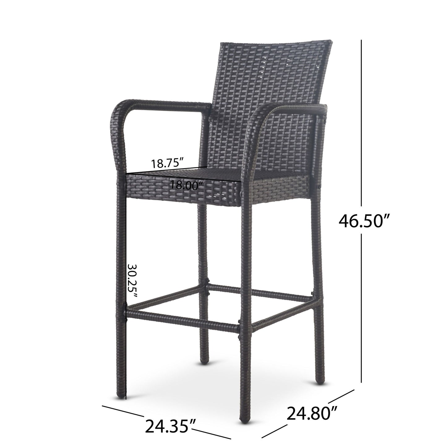 The Outdoor Wicker Barstools With Rattan And Iron Frame feature armrests, a square seat (30.25"H x 18"W), armrest height of 18.75", total height 46.5", and measure 24.35" deep by 24.8" wide.