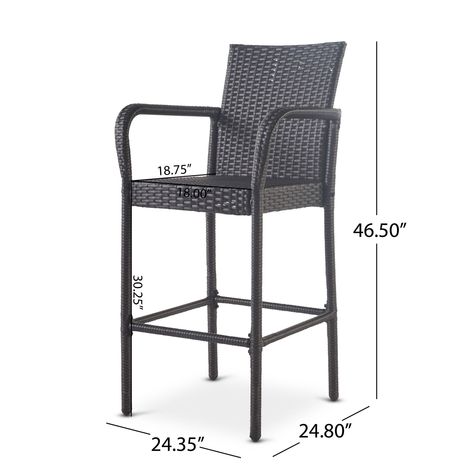 The Outdoor Wicker Barstools With Rattan And Iron Frame feature armrests, a square seat (30.25"H x 18"W), armrest height of 18.75", total height 46.5", and measure 24.35" deep by 24.8" wide.