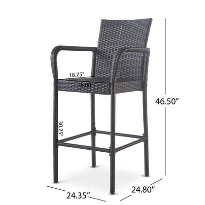The Outdoor Wicker Barstools With Rattan And Iron Frame feature armrests, a square seat (30.25"H x 18"W), armrest height of 18.75", total height 46.5", and measure 24.35" deep by 24.8" wide.