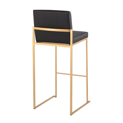 The Fuji - Contemporary Design High Back Barstool (Set of 2) features a gold metal frame and black cushioned seat and backrest, shown from the back at an angle.