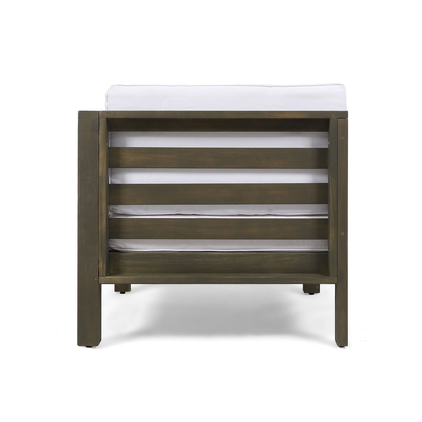 The Oana Arm Chair features wide, horizontal wooden slats on the backrest and a white upholstered cushion, shown from the back against a white background.