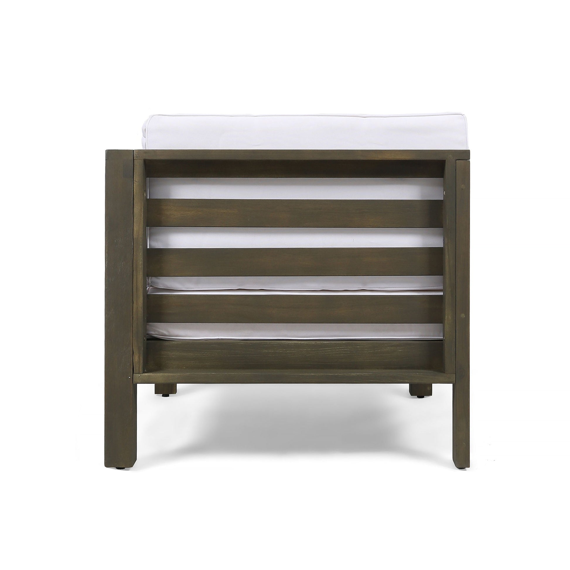 The Oana Arm Chair features wide, horizontal wooden slats on the backrest and a white upholstered cushion, shown from the back against a white background.