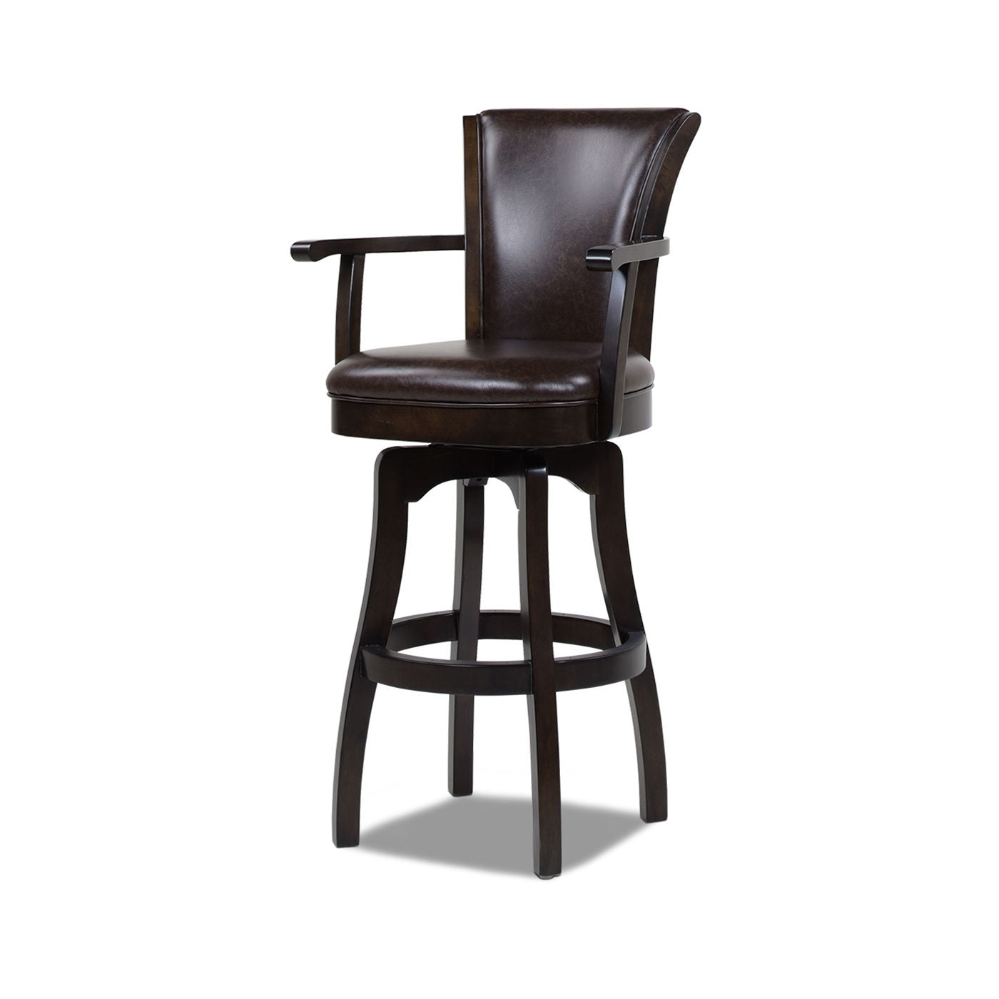 The Williams Swivel Bar Stool With Armrests features a dark brown wooden frame, padded leather seat, curved backrest, armrests, circular footrest, swivel base, and a classic design.