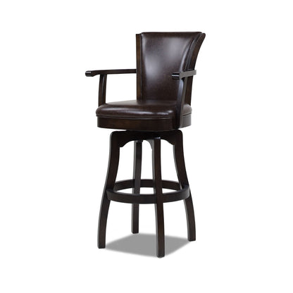 The Williams Swivel Bar Stool With Armrests features a dark brown wooden frame, padded leather seat, curved backrest, armrests, circular footrest, swivel base, and a classic design.