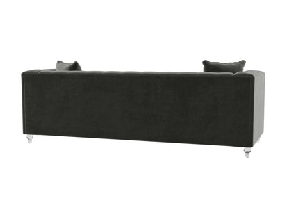 The image displays the back view of the Bea Velvet Tufted Sofa in a dark green color, featuring two cushions. It has a sleek, rectangular design with crisp lines and rests on four glossy, transparent legs.