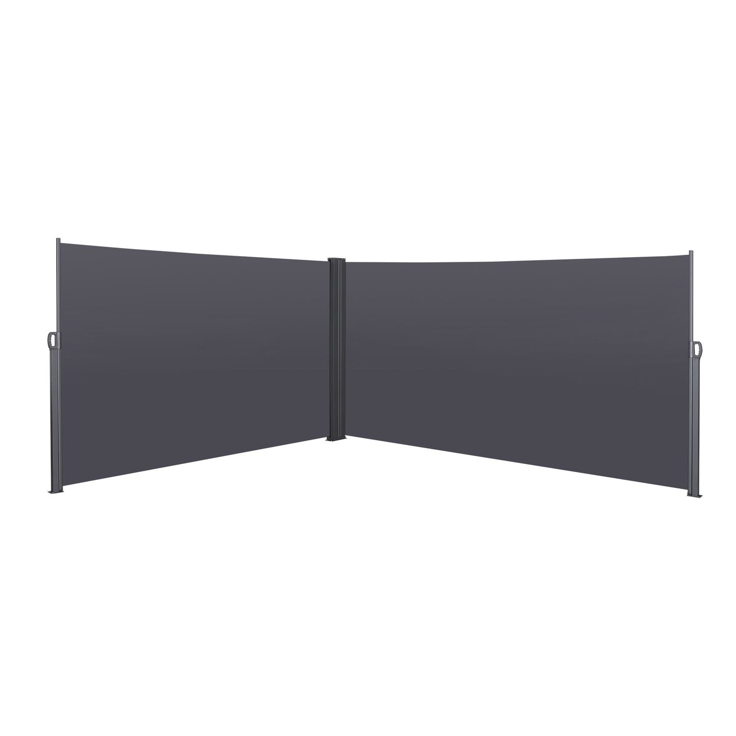 A gray Retractable Side Awning, Waterproof & UV-Resistant, serves as a privacy screen divider with handles and a central hinge, displayed in an L-shape against a white background.