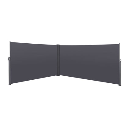 A gray Retractable Side Awning, Waterproof & UV-Resistant, serves as a privacy screen divider with handles and a central hinge, displayed in an L-shape against a white background.