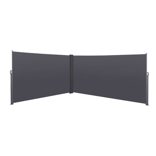 A gray Retractable Side Awning, Waterproof & UV-Resistant, serves as a privacy screen divider with handles and a central hinge, displayed in an L-shape against a white background.