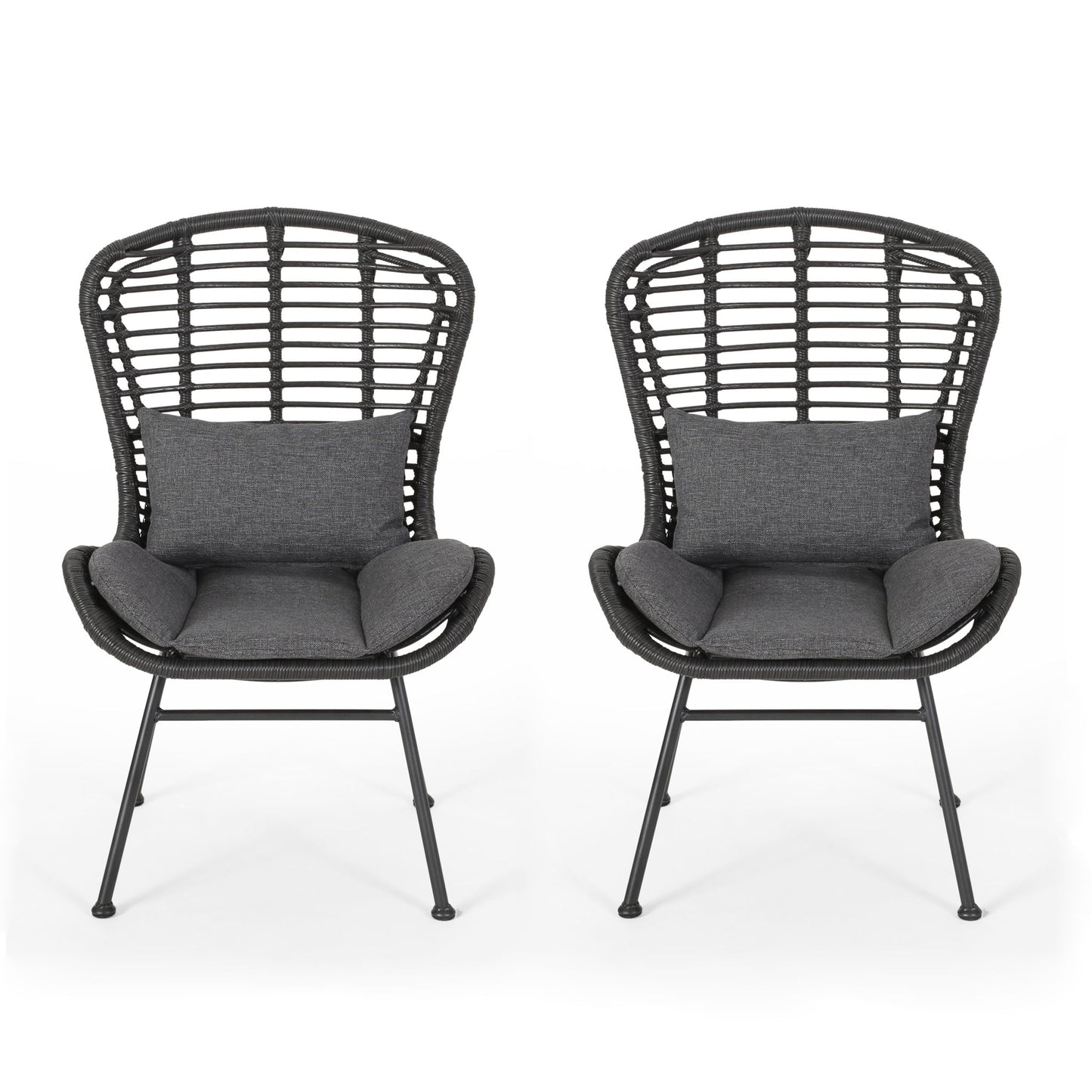 The Calypso Outdoor Chairs feature black rattan-style design, high backs, iron frames, and water-resistant dark gray seat and lumbar cushions; shown side by side on a white background.